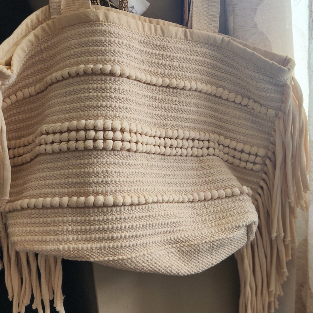 Beige Woven Fringe Tote Bag